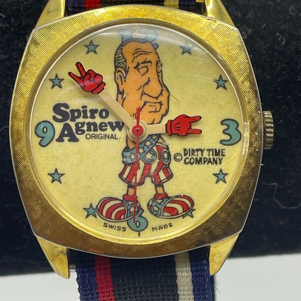 Vintage Caricature Spiro Agnew Watch -Swiss Made. 9 inches. Early 1970’s. Stripe